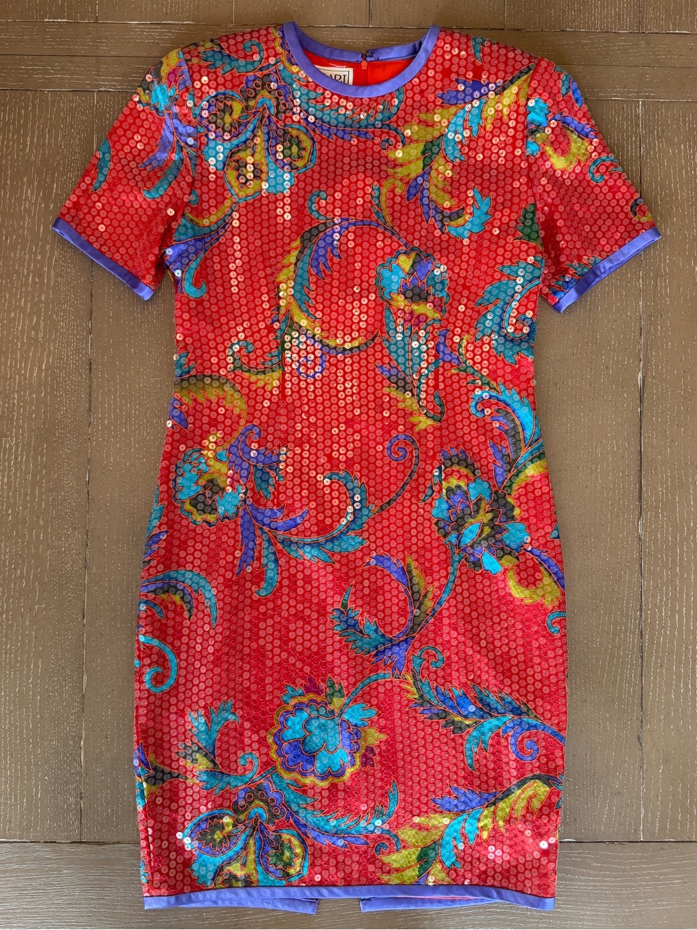 AJ Bari Women’s Vintage 1980s Sequin Red Tropical Silk Cocktail Dress • Size 8